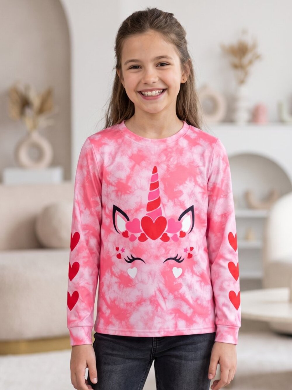 NWOT | BesserBay Pink Tie-Dye Unicorn Top | Heart Graphic | Long Sleeve | Kids L